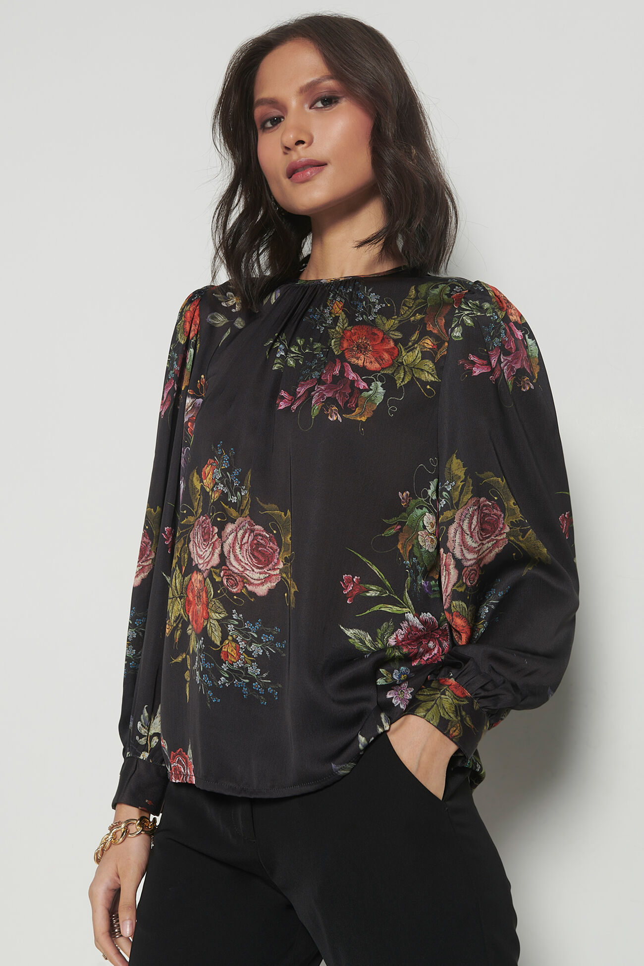 Roses All-Around Blouson Top, Black, image 1